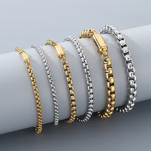Detailed view of stainless steel box chains in gold and silver with magnetic clasps