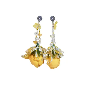 Sweet yellow chiffon flower drop earrings with crystal beads for beach vacation style