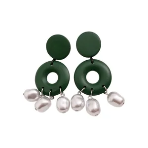Vintage green round wood earrings with irregular pearls and silver needles