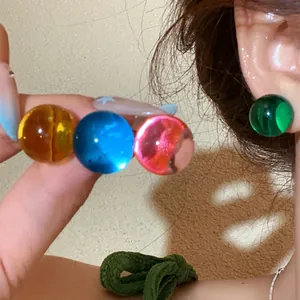 Summer Candy Color Resin Ball Stud Earrings Simple Dopamine Round Earrings For Women Fashion Jewelry With Silver Earring Post