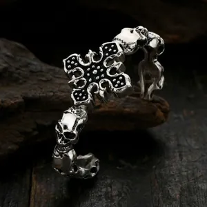 Gothic skull and cross open cuff bracelet in vintage silver stainless steel for men