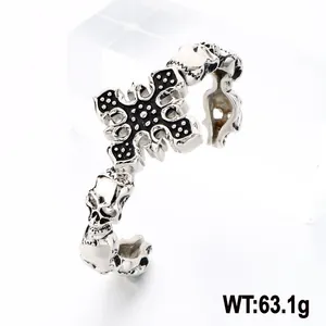 Gothic skull and cross stainless steel cuff bracelet in vintage silver industrial style