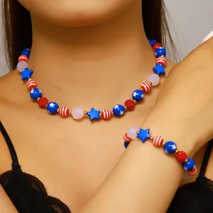 American flag themed beaded necklace and bracelet set with stars for Independence Day