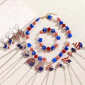US Independence Day jewelry set with red white blue beaded necklaces and heart pendants