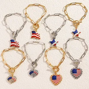 Detail of 8-piece American flag jewelry set featuring red white blue charms and OT buckle
