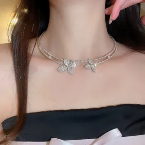 Elegant sparkling rhinestone flower choker necklace with double layer design for women