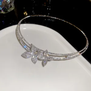 Sparkling crystal flower choker necklace for women featuring an elegant double-row design.