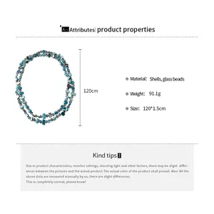Collier long à plusieurs rangs en coquillages irréguliers et perles de verre avec dimensions