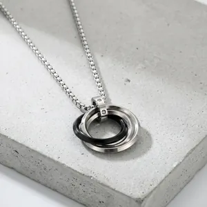 Fashion Stainless Steel Interlocking Triple Rings Pendant Necklace For Men Women Geometric Rhinestone Color Block Box Chain Trendy Jewelry