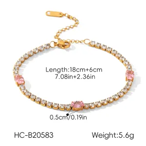 Vue détaillée du bracelet tennis doré en zircon rose avec dimensions et poids inclus.