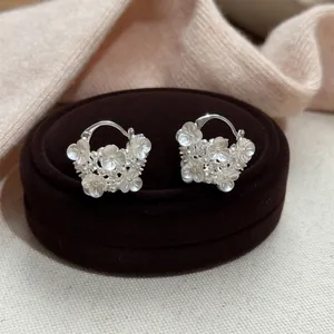 Korean Ins Style Flower Basket Rhinestone Stud Earrings Sweet Silver Color Artificial Pearl Embellished Jewelry For Women