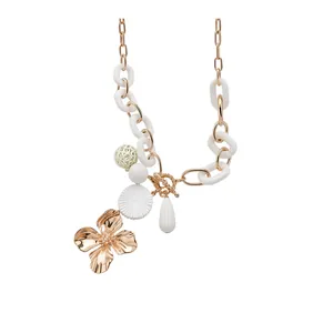 Elegant rose gold flower and waterdrop pendant necklace with white chain accents.