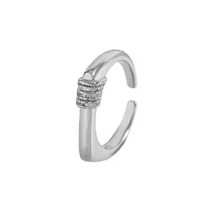 Detailed view of silver open ring featuring three rows of sparkling zircon stones