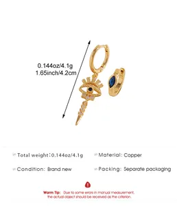 Detailed size and weight specs for evil eye and dagger gold earrings made of copper