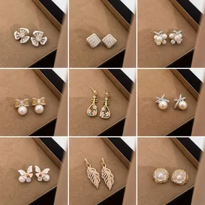 Light Luxury Artificial Pearl Stud Earrings Collection For Women Alloy Rhinestone Bowknot Flower Butterfly Fashion Jewelry Accessory