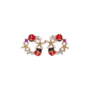 Orecchini a lobo a forma di coccinella e fiori placcati oro 18k con zirconi