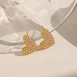 Elegant gold heart stud earrings with sparkling pave-set rhinestones for women