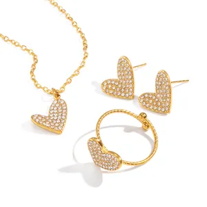 Sparkling gold heart jewelry set including crystal necklace, stud earrings and ring