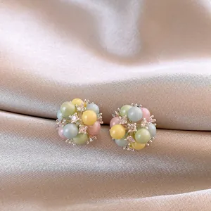 Dopamine Macaron Multicolor Clustered Stud Earrings With 925 Sterling Silver Earring Post Alloy Rhinestone Artificial Pearl Inlaid Fresh Sweet Jewelry For Women