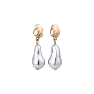 Elegant French vintage baroque pearl drop earrings with golden studs and silver metallic finish.