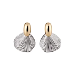 Elegant French vintage two-tone textured leaf stud earrings in gold and silver