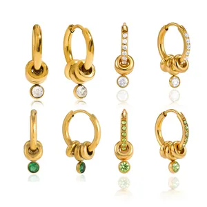 Boucles d'oreilles créoles en acier doré 18K avec pendentifs en zircon et émeraude