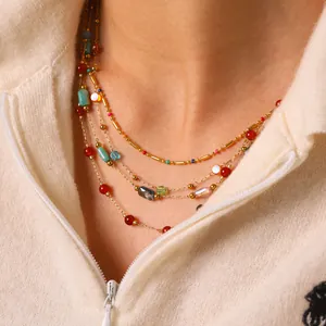Colorful Natural Stone Bead Stainless Steel Necklace For Women Gold Plated Dainty Clavicle Chain Jewelry Accessory