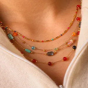 Multilayer stainless steel necklace with colorful natural stone beads in dopamine style