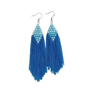 Handmade ethnic style blue crystal diamond-shaped earrings with vibrant long chain tassels