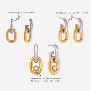 Fashion Stainless Steel Two-Tone Interlocking Geometric U-Shaped Stud Earrings For Women Rhinestone Embellished Jewelry