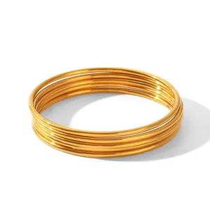 Detailed view of minimalist 5pcs set of 18k gold plated stainless steel bangles for women