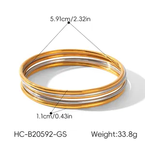 Detailed size and weight guide for 5-piece minimalist stainless steel gold bangle set