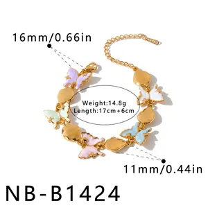 Close-up of stainless steel butterfly bracelet showing 16mm size and weight details