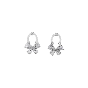 Elegant silver stud earrings featuring pearl hoops and sparkling zircon butterfly pendants.