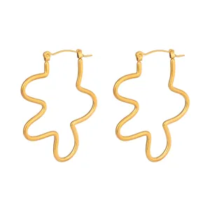 Elegant 18K gold-plated stainless steel hoop earrings with a unique wavy line design