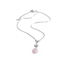Sweet pink seashell pendant necklace with sparkling rhinestones for beach vacation style