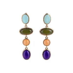 Colorful dopamine-style oval resin drop earrings with gold-toned settings on white background