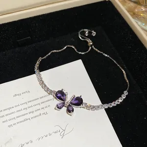 Elegant purple zircon butterfly bracelet in silver finish with vintage French style
