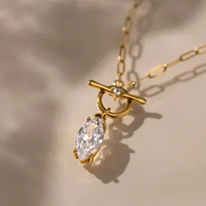 Elegant 18k gold plated stainless steel necklace with marquise cut zircon pendant