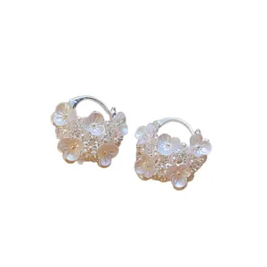 Elegant Korean style flower basket hoop earrings with pearls and rhinestones decoration