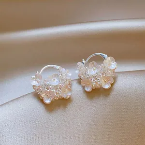 Elegant Korean style flower basket hoop earrings featuring delicate pearls and crystal accents