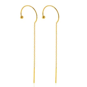 Detail view of 18K gold-plated stainless steel long tassel chain ear threader earrings.