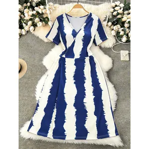 Plus Size Women V-Neck Wrap Dress Short Sleeve Blue White Stripe Tie Dye Print Summer Casual Vacation Elegant Midi Dress