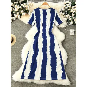 Short sleeve summer dress with blue and white vertical stripes and belted waist design
