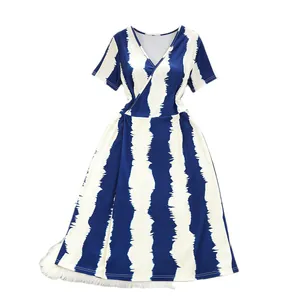 Blue and white vertical wave stripe V-neck short sleeve A-line maxi dress for women