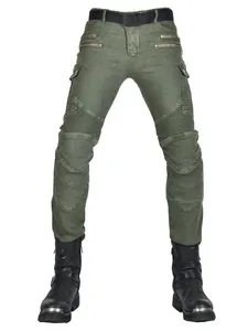 Army green motorcycle cargo pants with protective stretch panels and multiple zip pockets