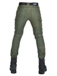Olive green motorcycle cargo pants for men featuring protective knee pleats and multi-pockets