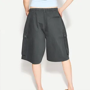Detailed back view of dark grey cargo shorts with elastic waist and buttoned pockets