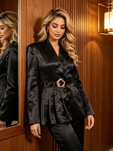 Veste De Tailleur En Satin Pour Femme Style Britannique Blazer À Basques Avec Ceinture Élégant Manches Longues
