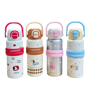 Cartoon stainless steel insulated water bottles with handles and colorful silicone sleeves
